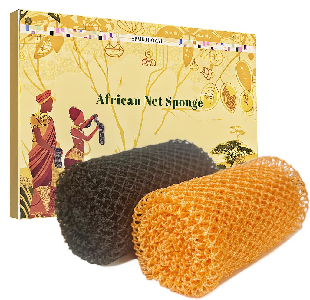 Spmktbozai African Net Sponge Set - 2 Pack Exfoliating Body Scrubber, Black & Orange