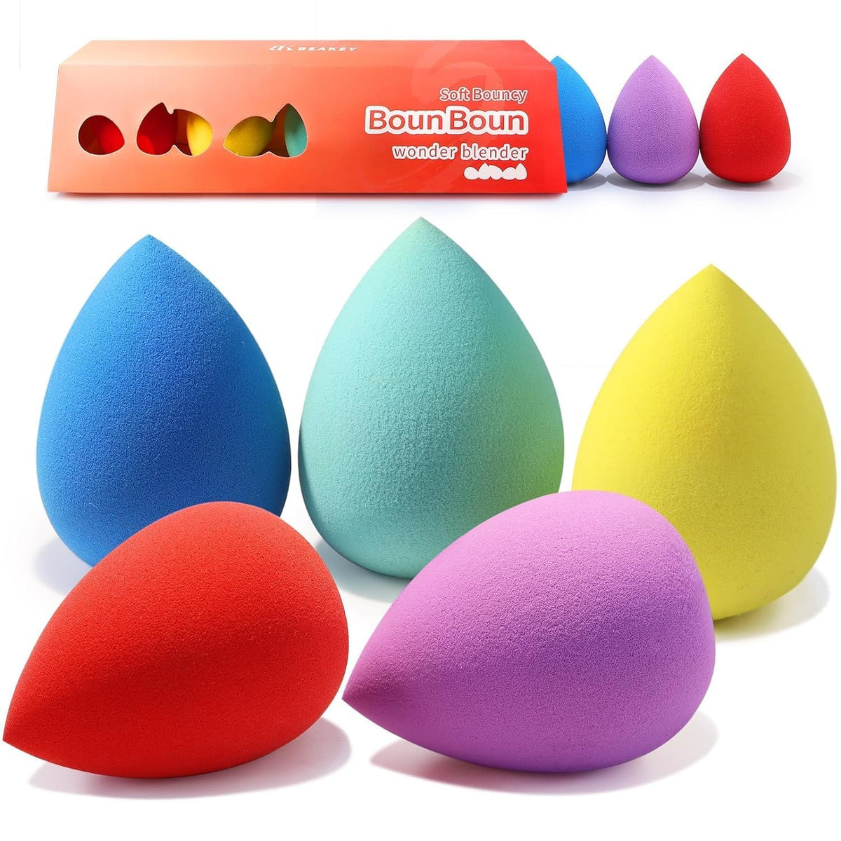 Beakey Makeup Sponge Set, 5 Multi-Colored Latex-Free Blending Sponges For Foundation & Cream