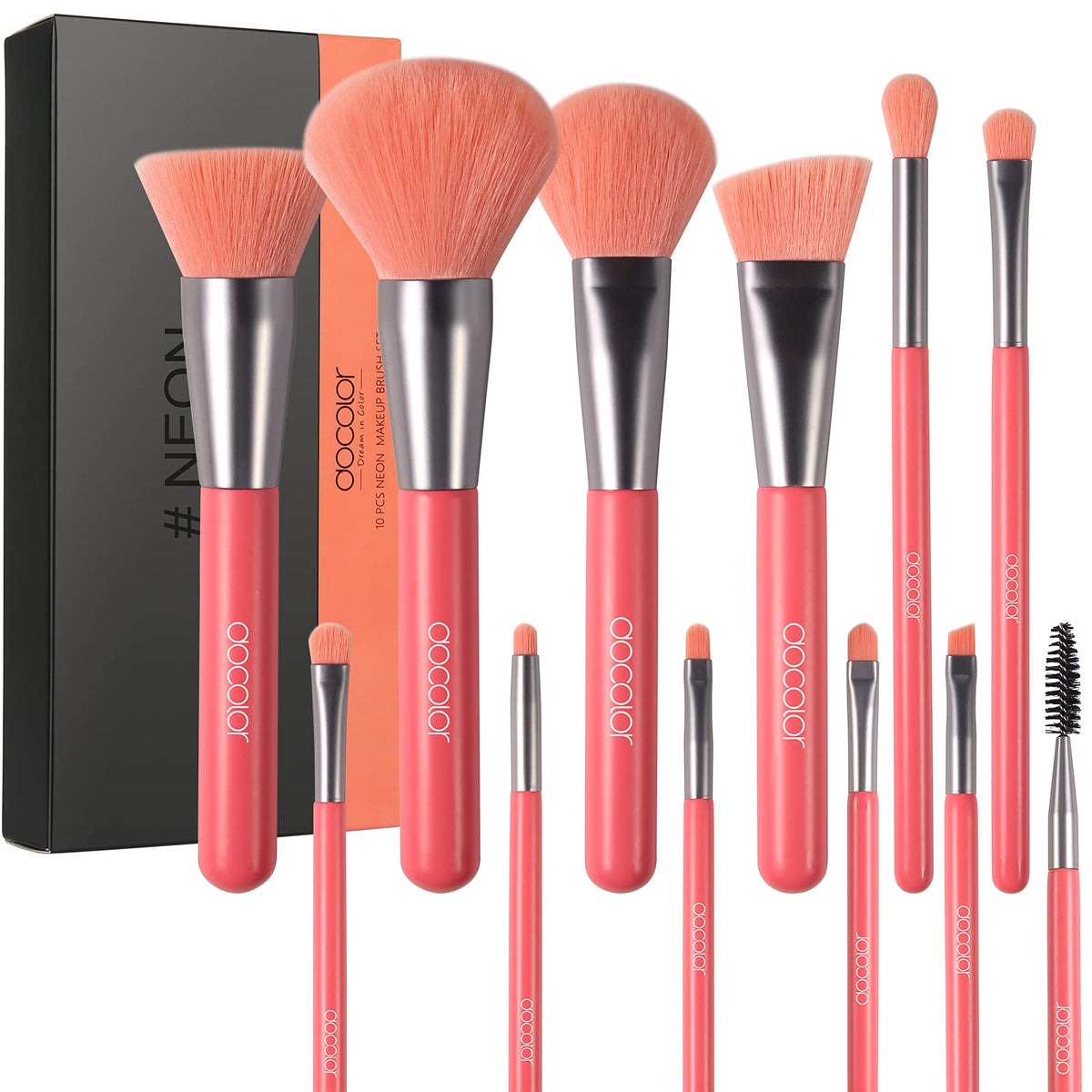 Docolor 10Pcs Neon Peach Makeup Brush Set - Premium Synthetic For Foundation, Blush, Eyeshadow