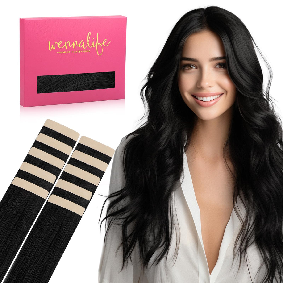 WENNALIFE Jet Black Tape in Hair Extensions, 10pcs 20g 10 Inch Remy Human Hair, Soft & Invisible