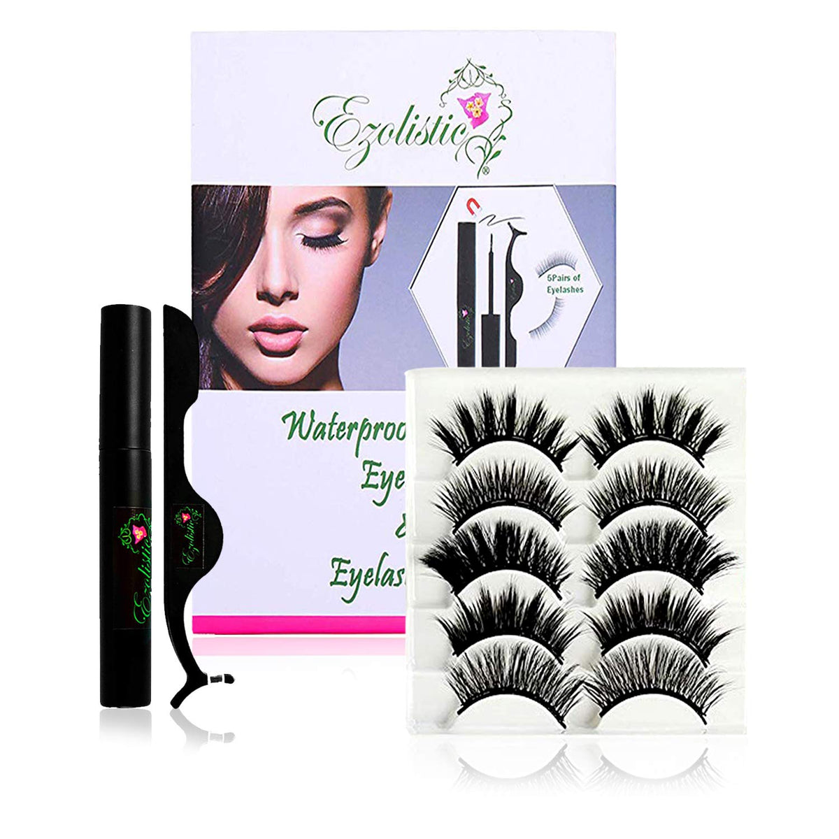 Ezolistic Fake Eyelashes Set - 5 Pairs, Magnetic Eyeliner, Tweezer, Storage Box - Reusable &