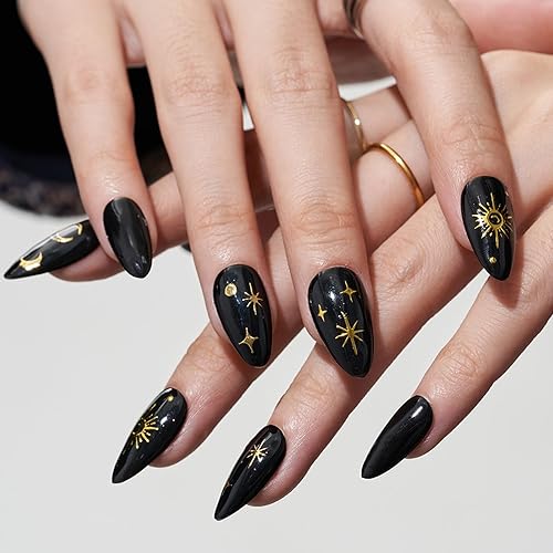 GLAMERMAID Gothic Star Press on Nails, Medium Almond, 24Pcs Reusable Black Gel Manicure Kits