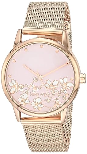 Nine West Women'S Rose Gold Floral Dial Mesh Bracelet Watch