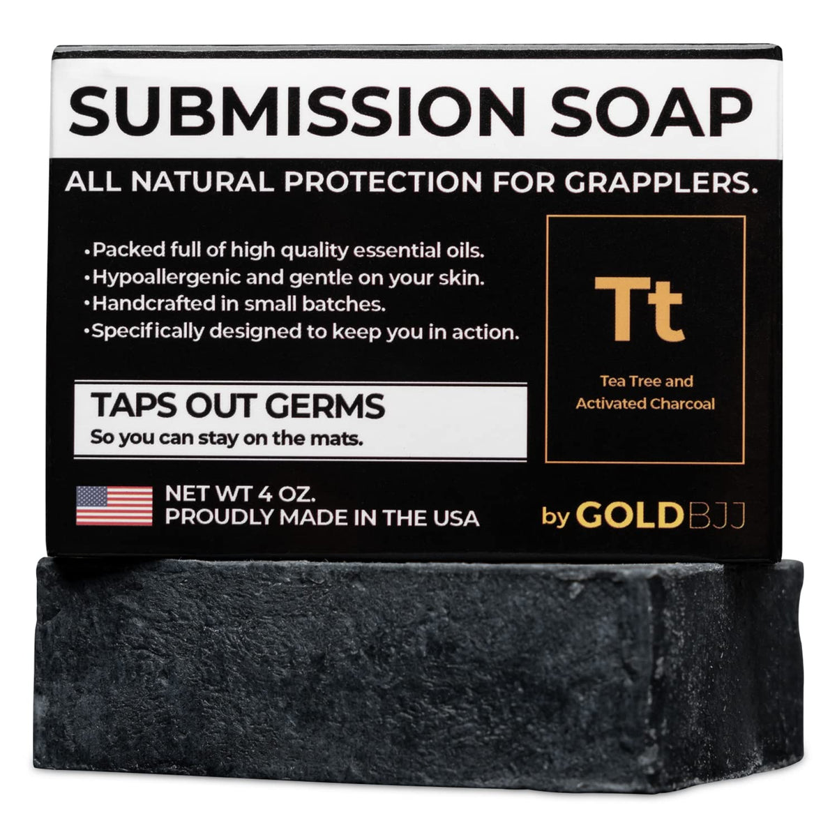 Gold BJJ Premium Tea Tree Oil Soap - 4oz Activated Charcoal Bar for BJJ & Grappling