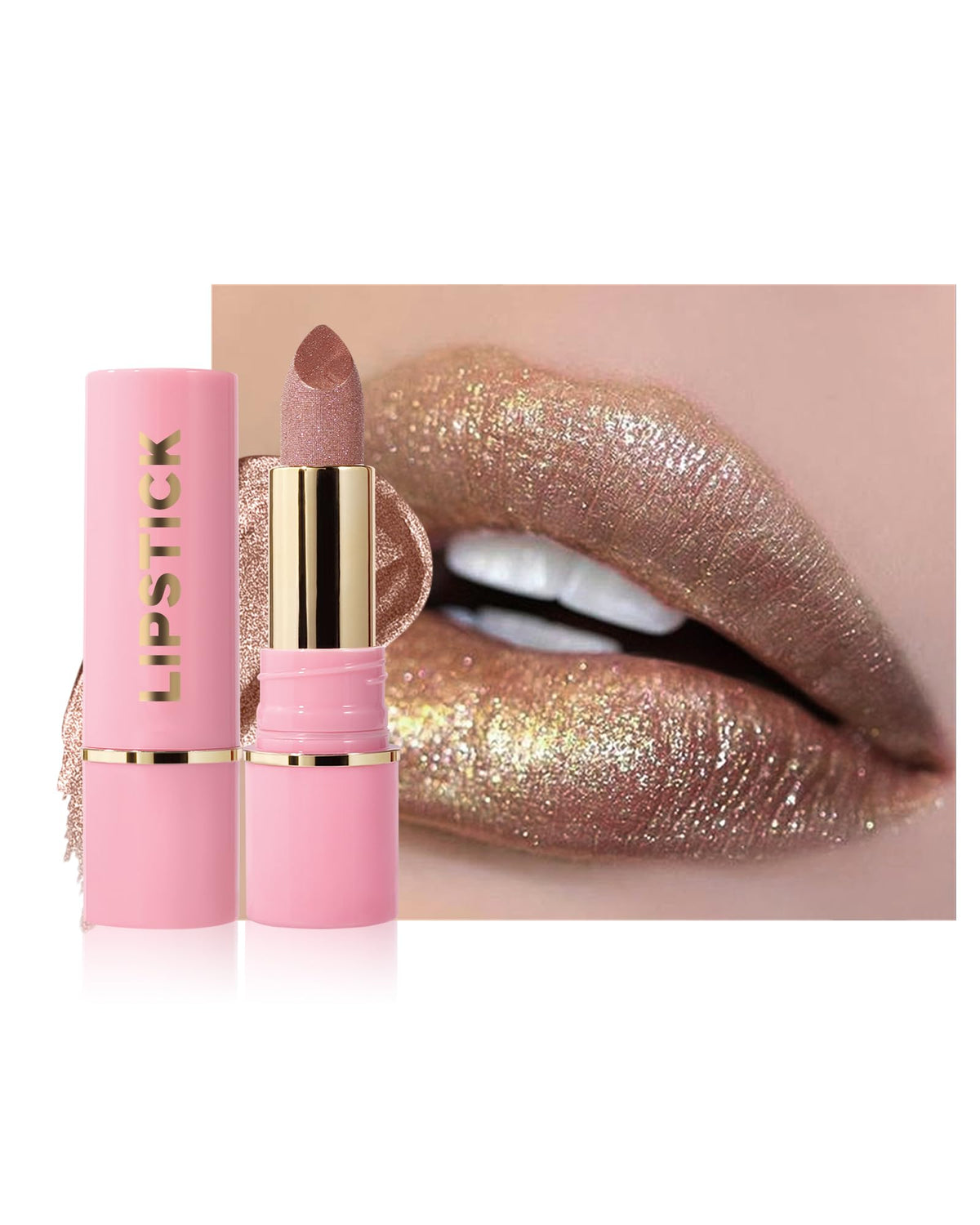 Lysdefeu Diamond Glitter Matte Lipstick - Gold Pink Waterproof Lip Color, Full Coverage, 0.13Oz