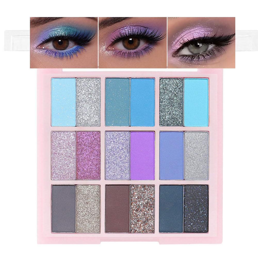 Cakaila 18-Color Eyeshadow Palette - Blue Purple Gray, Glitter Sparkly, Waterproof, Highly Pigmented