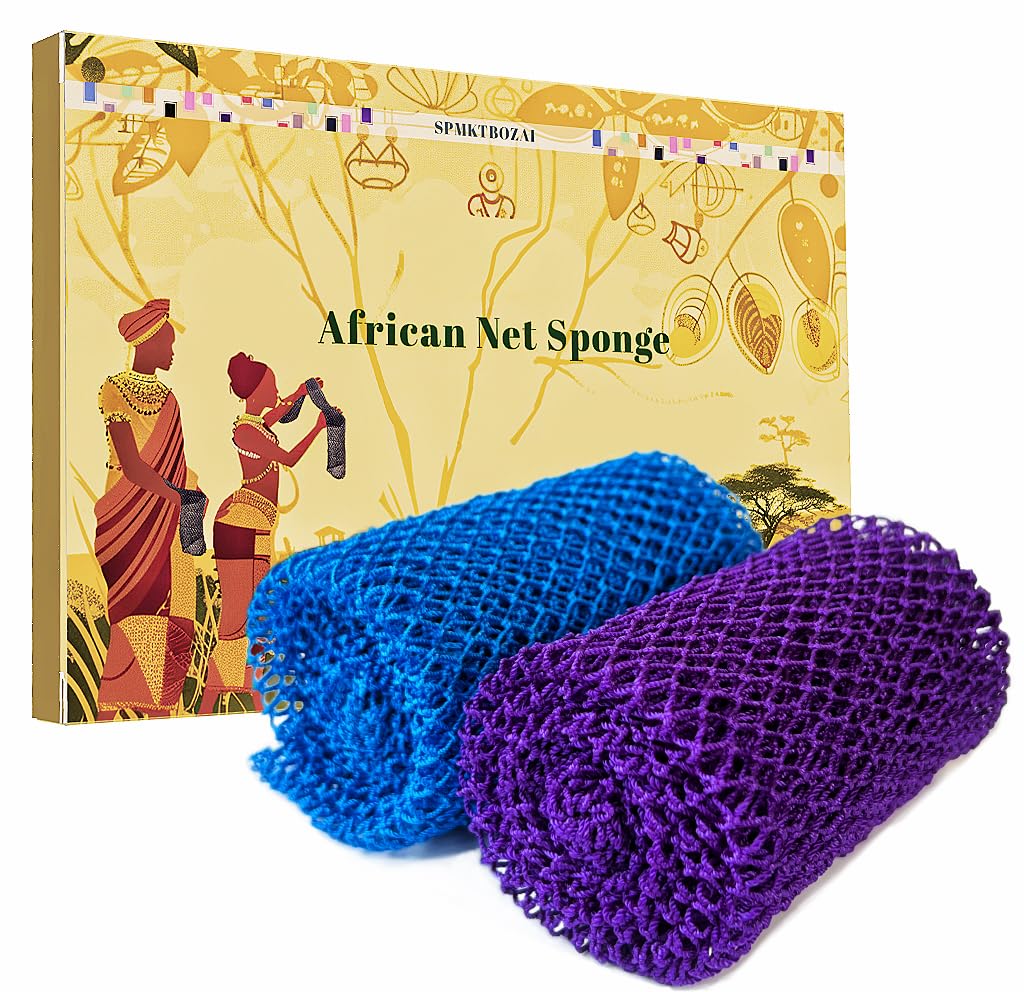 Spmktbozai African Net Sponge, 2-Pack Exfoliating Bath Scrubber, Purple & Sky Blue