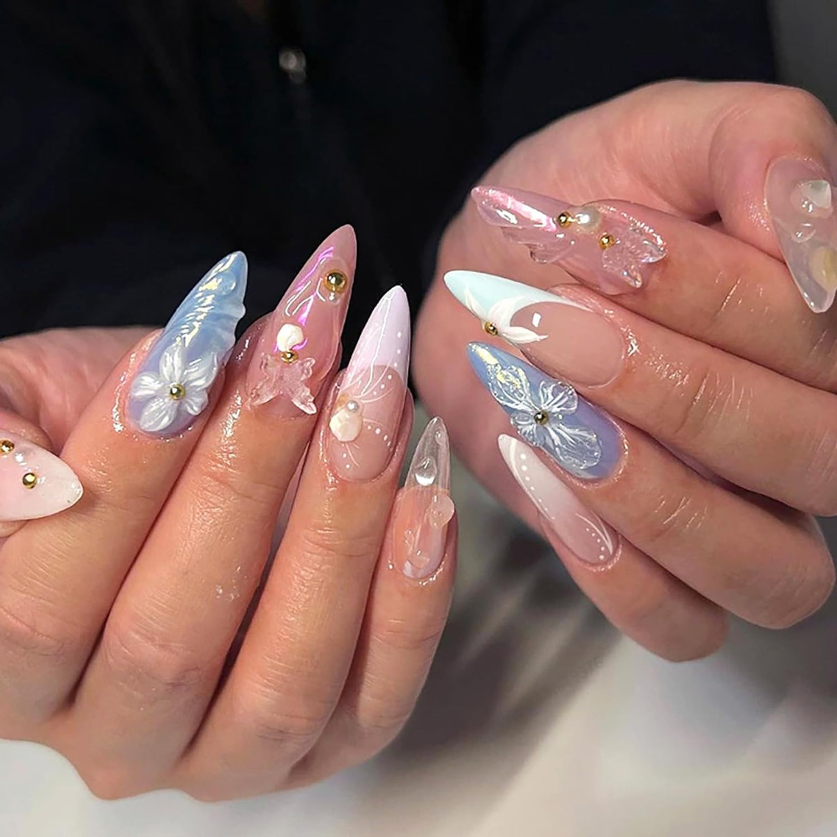 Ctthnbd Almond Press On Nails - Medium French Tip, Flower & Butterfly Design, 24Pcs Acrylic Nails