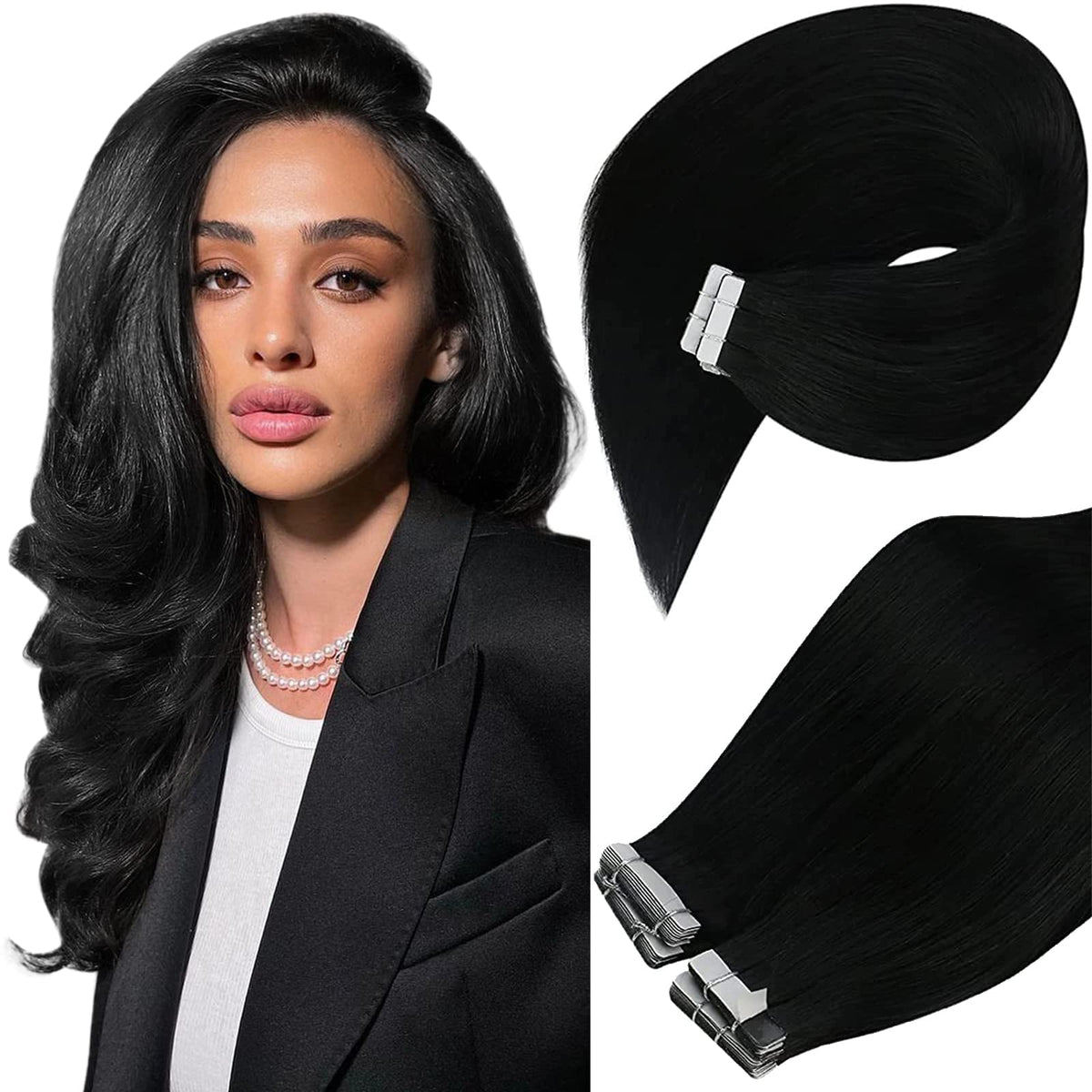 Vesunny Tape In Hair Extensions #1B Natural Black 12&quot; Silky Straight 20Pcs 40G Human Hair