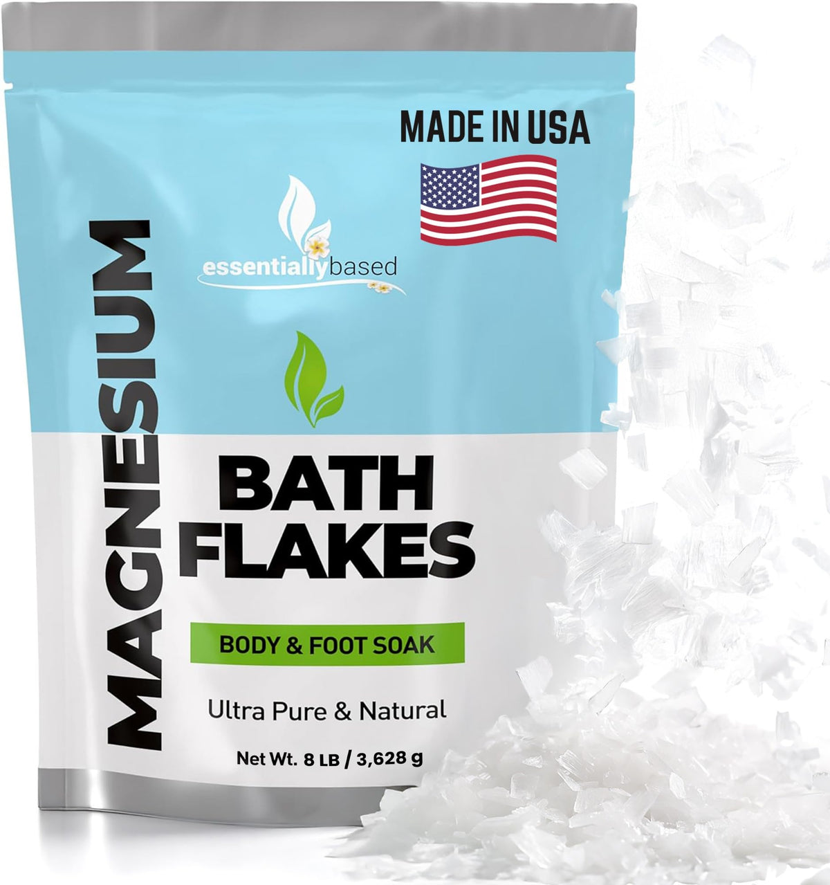 Essentiallybased Magnesium Flakes - 8 Lb Ultra Pure For Bath Soak & Foot Soak - Resealable Pack