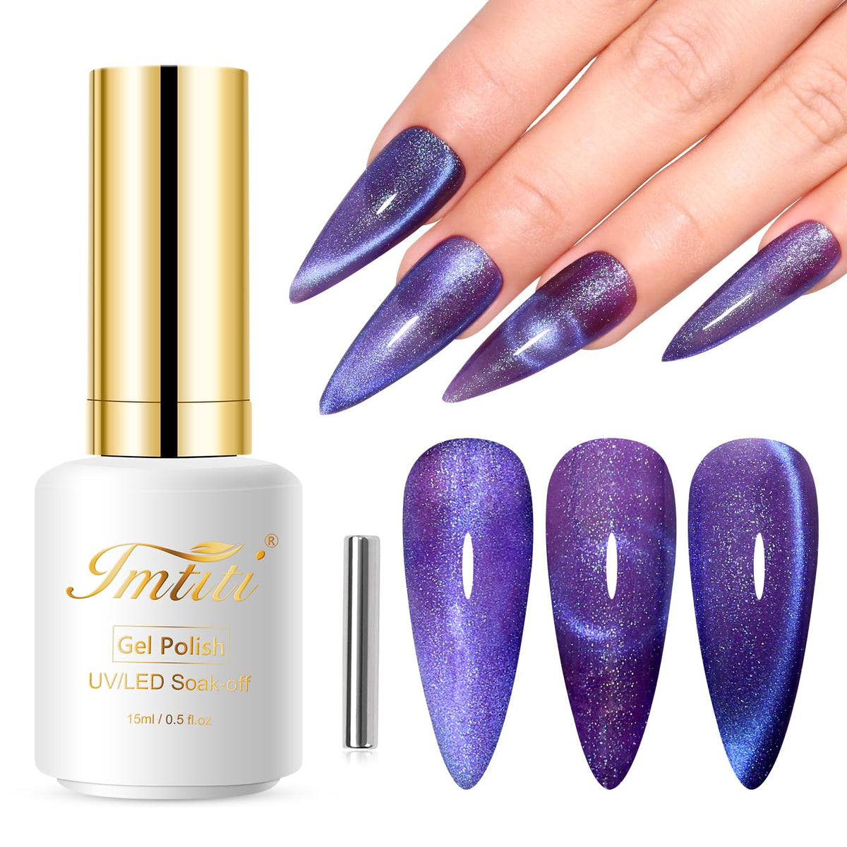 Imtiti Cat Eye Gel Nail Polish 15Ml - Purple Holographic Glitter Uv Led Magnetic Manicure