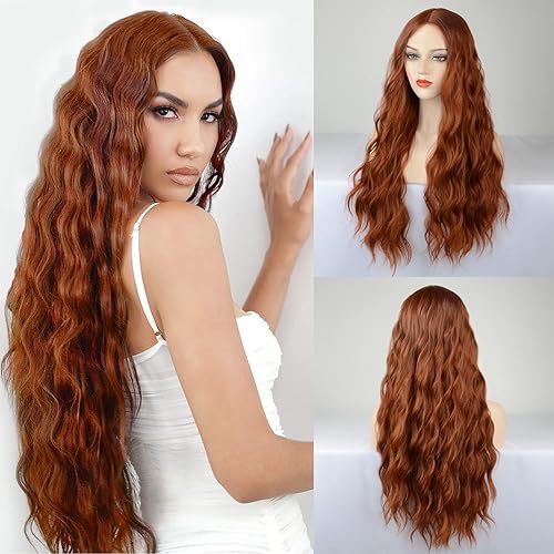 WECAN 28&quot; Auburn Wavy Curly Synthetic Lace Wig - Ginger Water Wave Hair Replacement for Cosplay