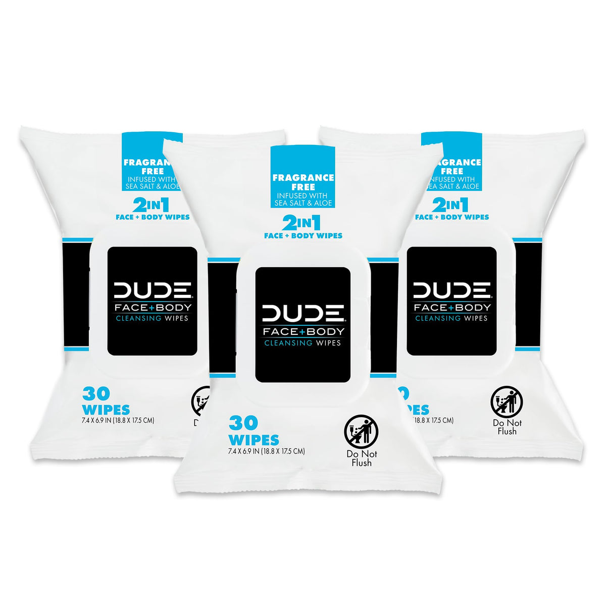 Dude Wipes - Unscented 3 Pack Face & Body Wipes With Sea Salt & Aloe - Alcohol Free, 90 W