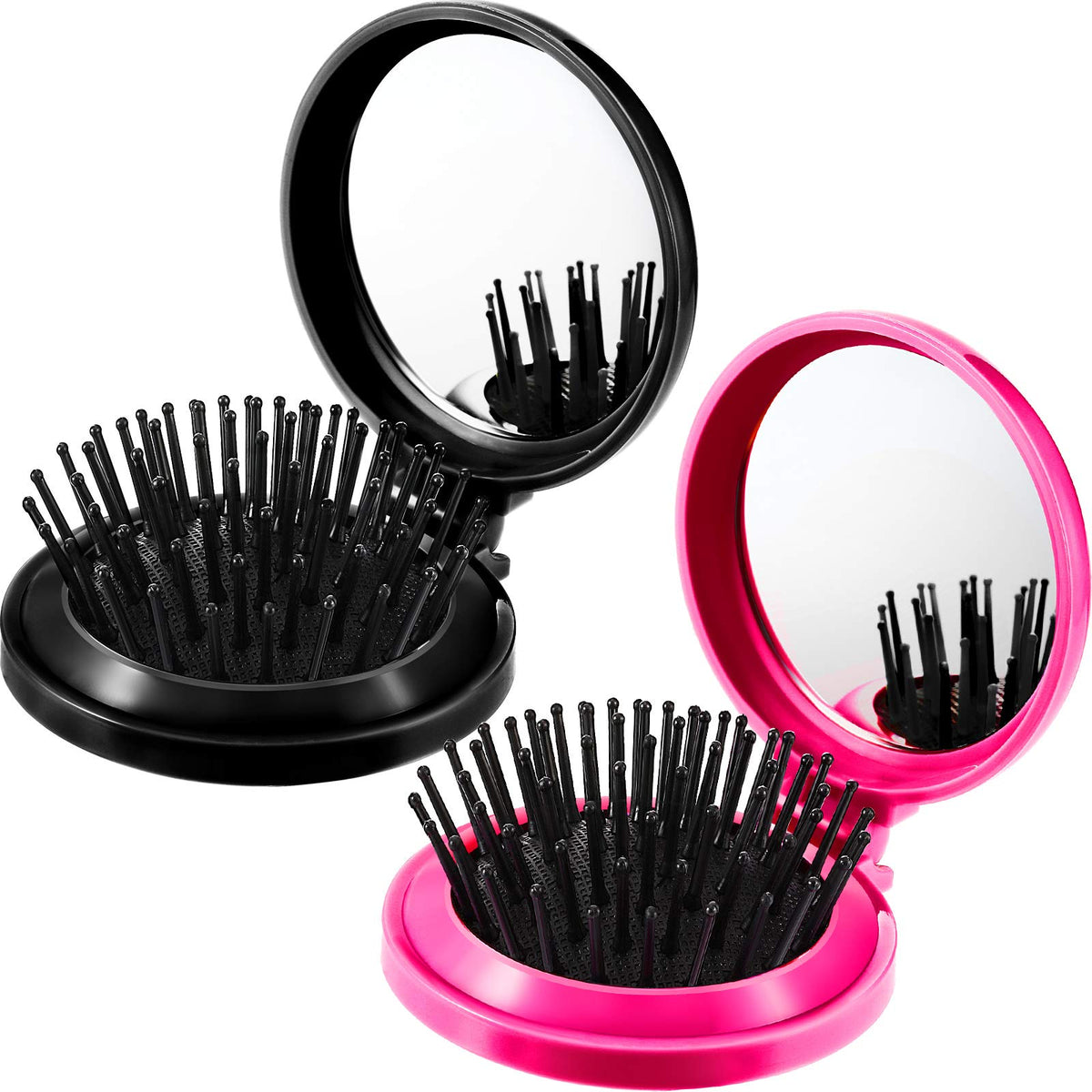 Boao 2-Piece Folding Travel Mirror Hair Brushes, Compact Pocket Size, Black & Rose Red