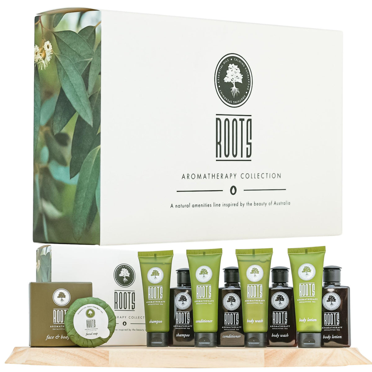 Roots Aromatherapy Travel Size Amenity Kit - Eucalyptus Tea Toiletries For Hotels & Airbnb