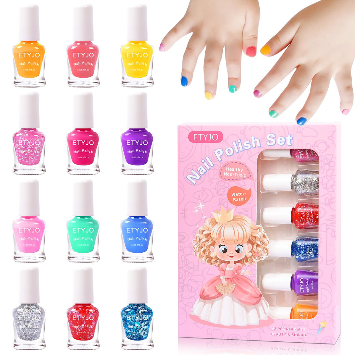 Etyjo Kids Nail Polish Set - 12 Non-Toxic Glitter Colors, Water-Based, Peel-Off, Quick-Drying