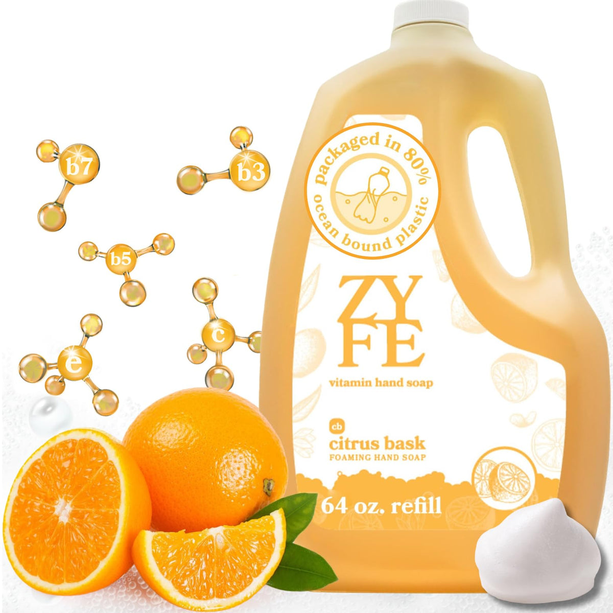 Zyfe Foaming Hand Soap Refills, 64 Fl Oz Citrus Essential Oil In Recycled Bottle, Biodegradable