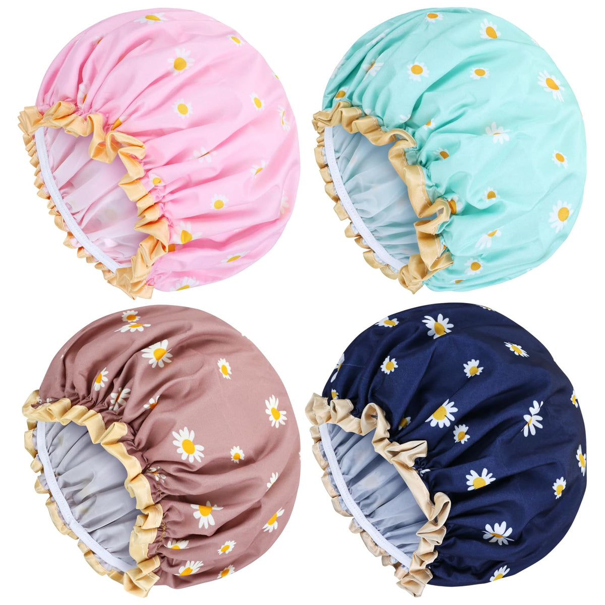 Lawie Large Waterproof Satin Shower Caps 4 Pack - Adjustable Hair Cover Bonnets For Women, Daisy Flower