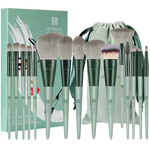 Heymkgo 15Pcs Makeup Brush Set - Premium Synthetic Bristles, Kabuki Foundation Brushes, Green