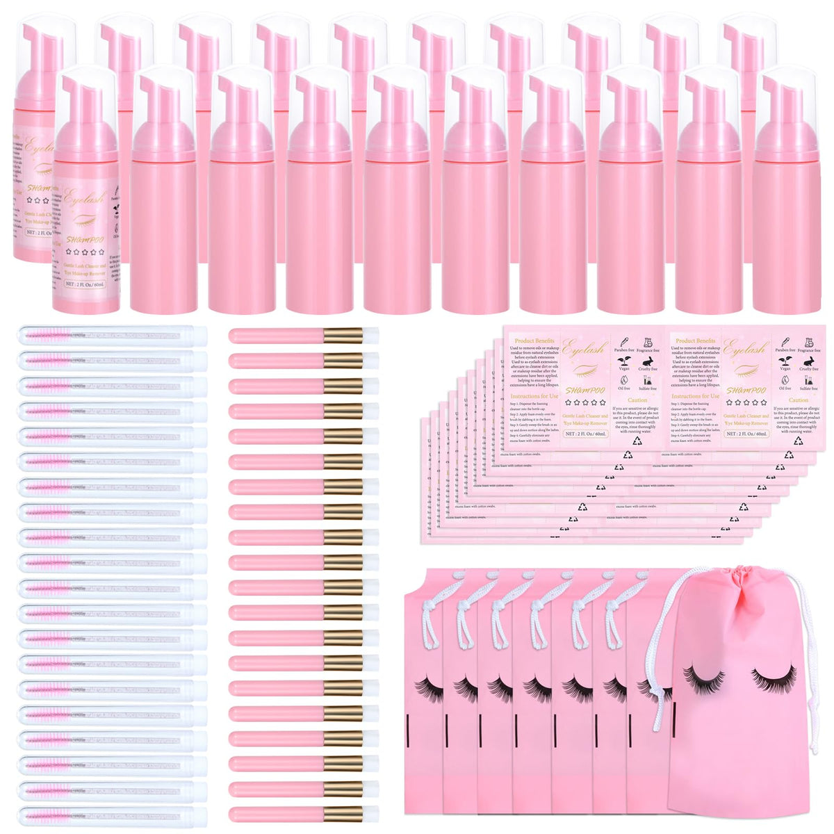 Tannova 100 Pcs Lash Shampoo Brushes Set With Foam Pumps, Wands & Cleansing Tools - Pink