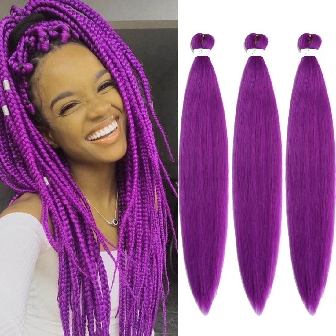 Hensleely 30 Inch Purple Pre-Stretched Synthetic Braiding Hair - 3 Packs Yaki Texture Extensions