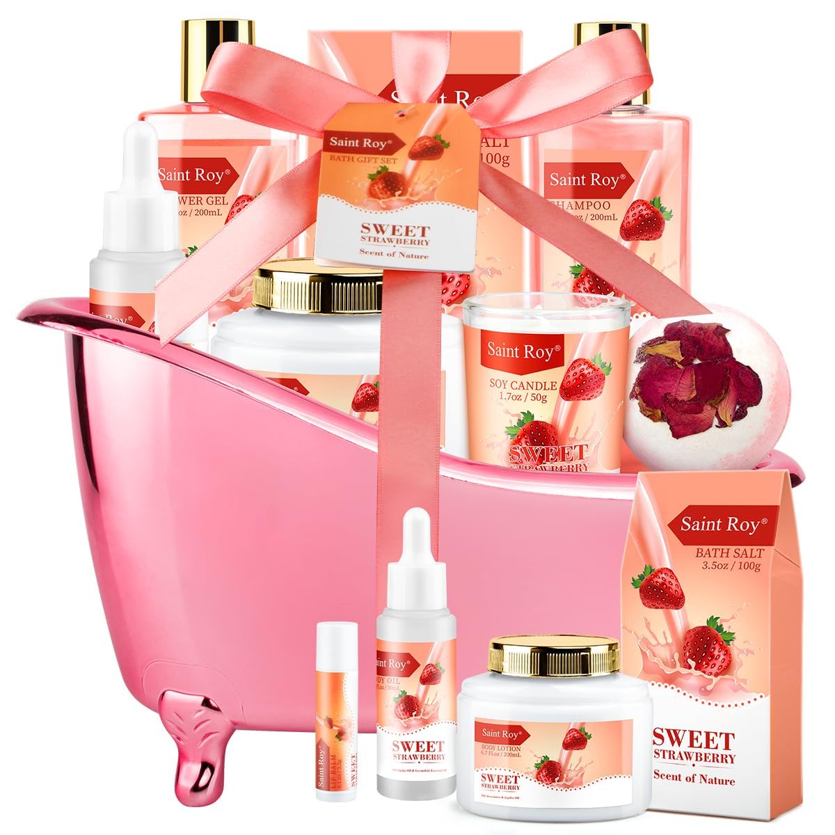 Saint Roy Spa Gift Basket For Her - Strawberry Scented With Body Lotion, Bath Bomb & More