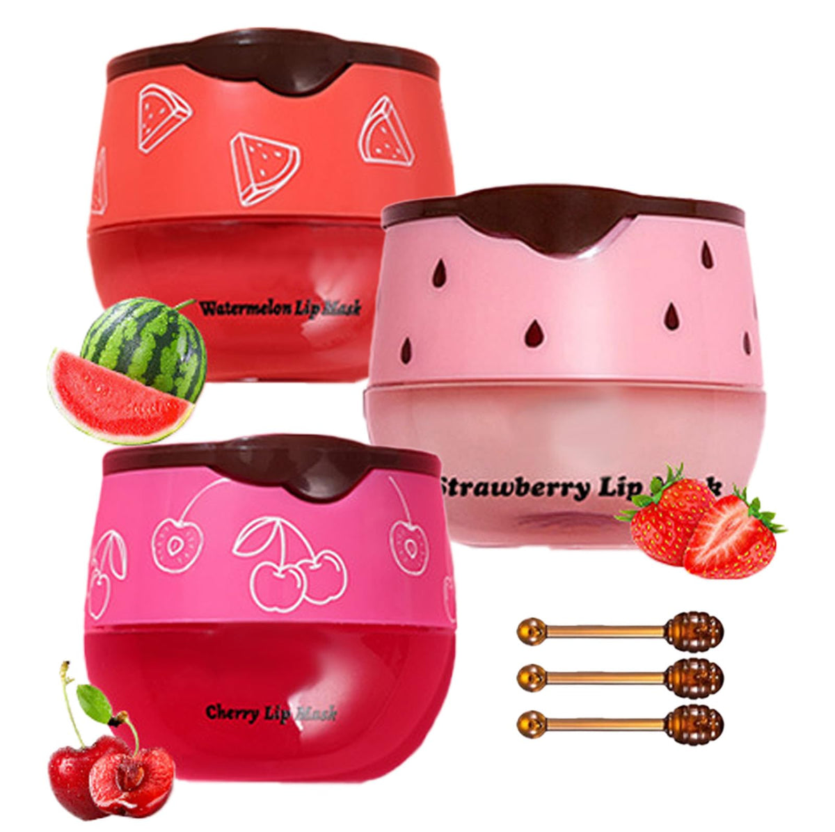 Aaiffey Lip Balm Set B - Cherry, Watermelon, Strawberry, 3 Pcs Overnight Hydrating Lip Mask