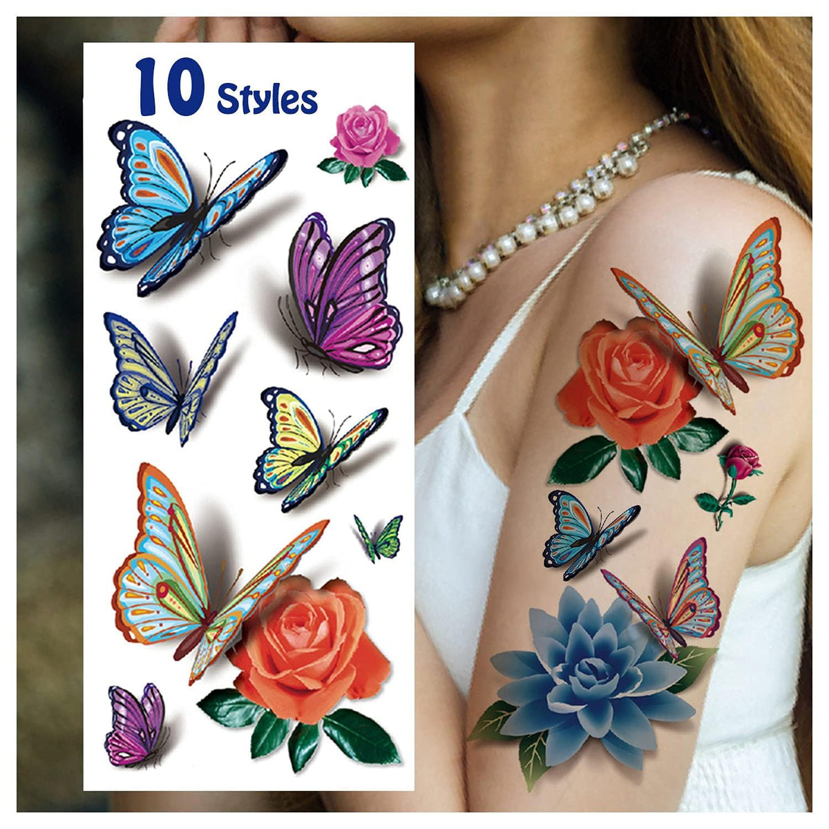 Cerlaza Waterproof Butterfly Temporary Tattoos For Women - 10 Count Realistic Flower Stickers