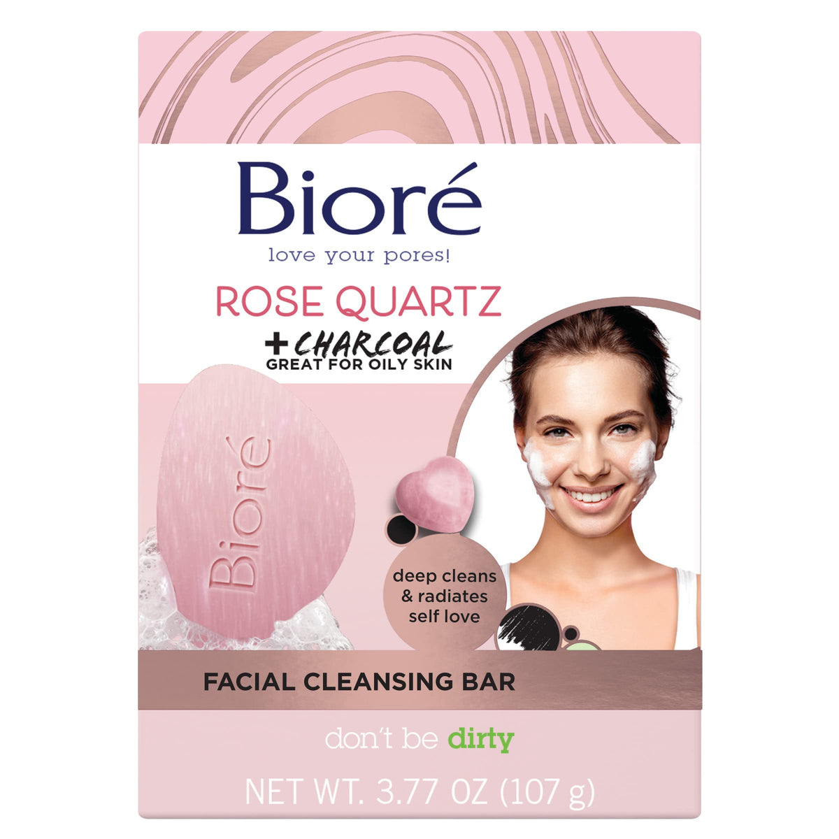 Bioré Rose Quartz + Charcoal Facial Cleansing Bar, Oil-Free Daily Face Wash, Vegan Friendly