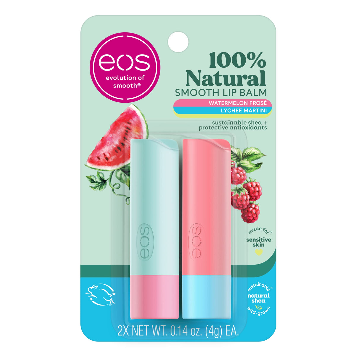 Eos 100% Natural Lip Balm Sticks - Watermelon Frosé & Lychee Martini, 2-Pack, 0.