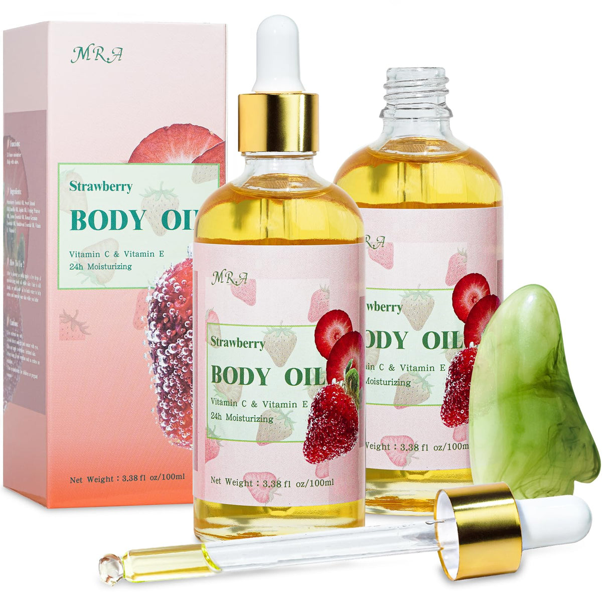 Mr.A Strawberry Body Oil, 2 Pack, Vitamin E Moisturizer & Massage Oil For Dry Skin