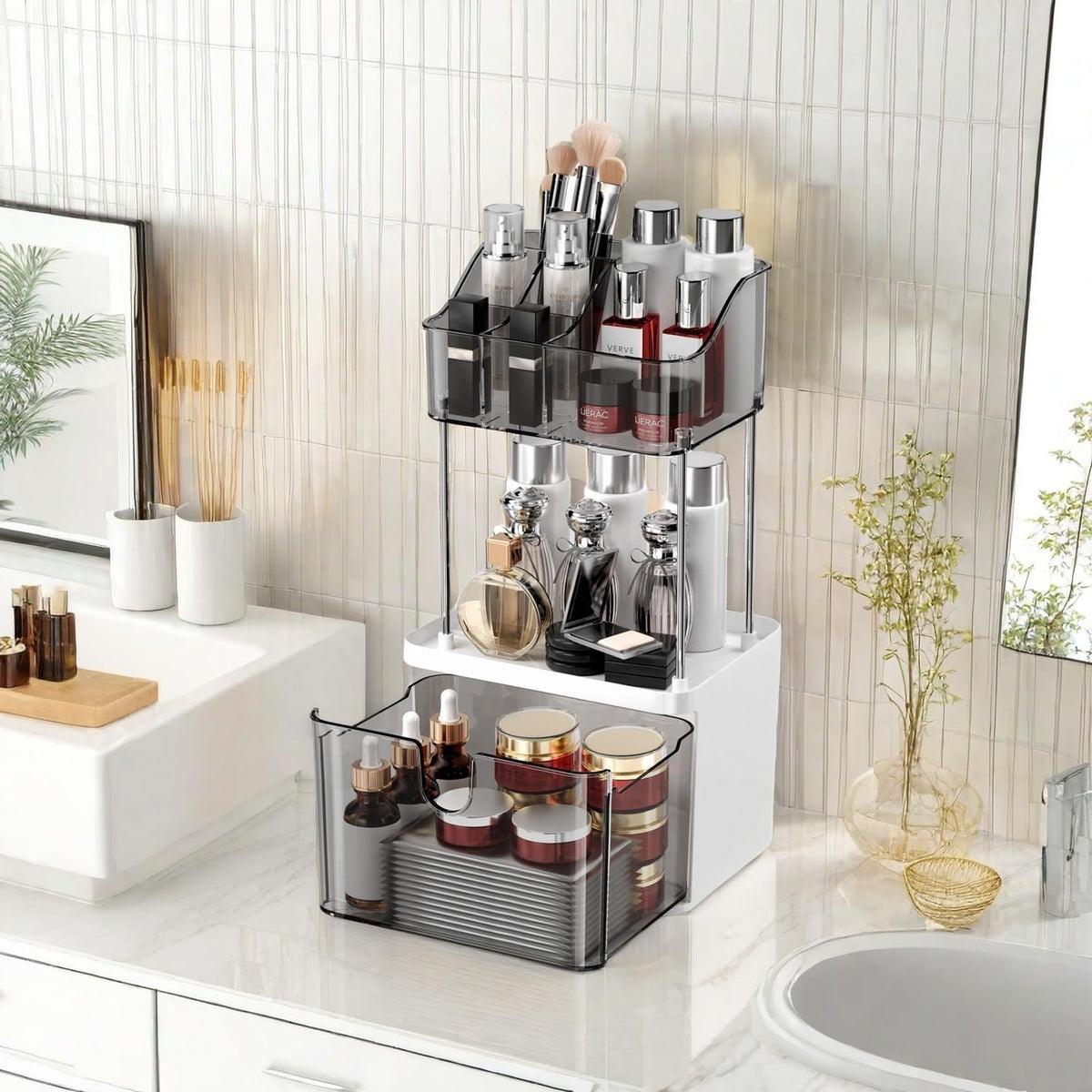 Ddzoou 3 Tier Bathroom Organizer With Drawers - Grey Plastic Cosmetic & Skin Care Storage