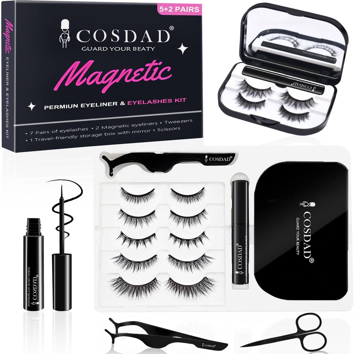 Cosdad Magnetic Eyelashes Kit - Natural Look, Reusable, No Glue, Waterproof - 12 Pieces