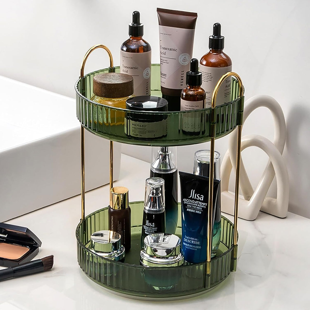 Zufudo 2 Tier Rotating Makeup Organizer - Clear Skincare & Perfume Storage, Green Gold