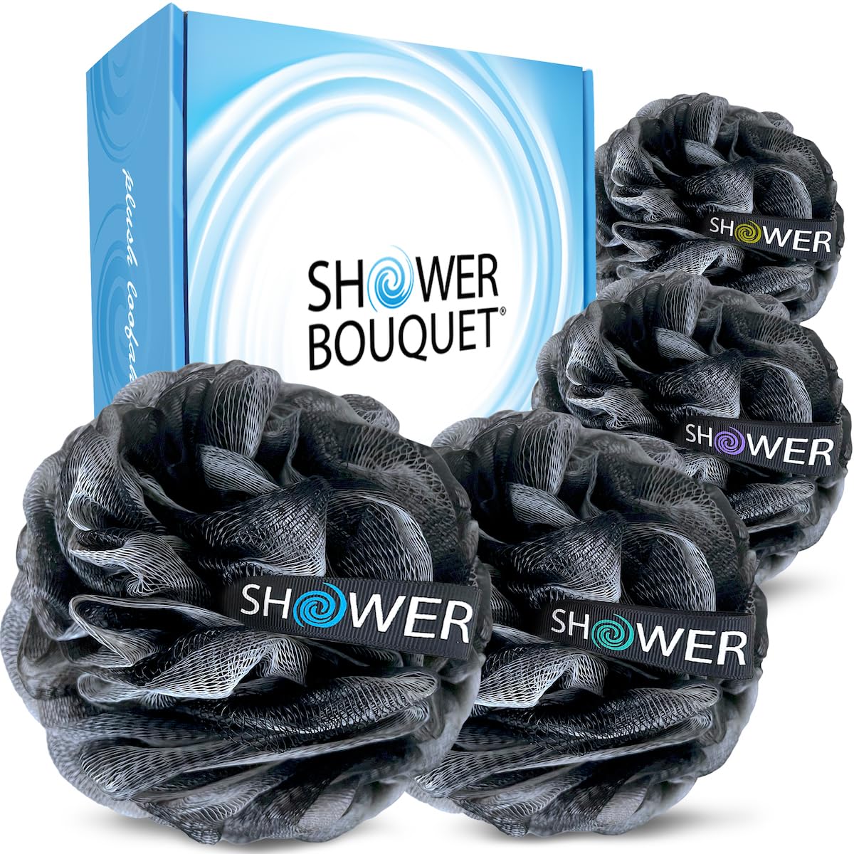 Shower Bouquet Charcoal Loofah Bath Sponge 4-Pack - Exfoliating Soft Mesh Scrubber For Body & Face