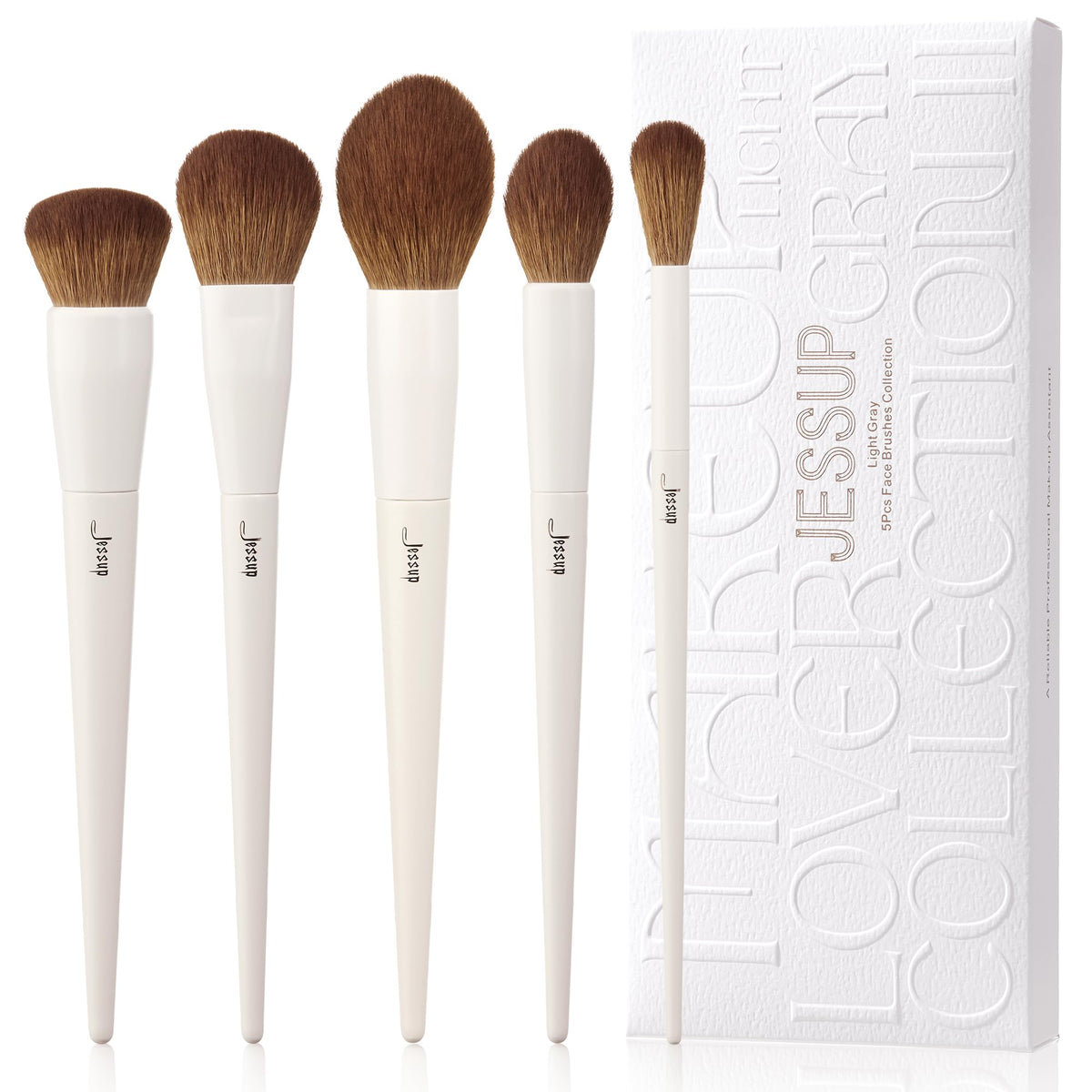 Jessup 5Pcs Vegan Makeup Brush Set - Soft Foundation, Blush, Contour, Highlighter, Light Grey