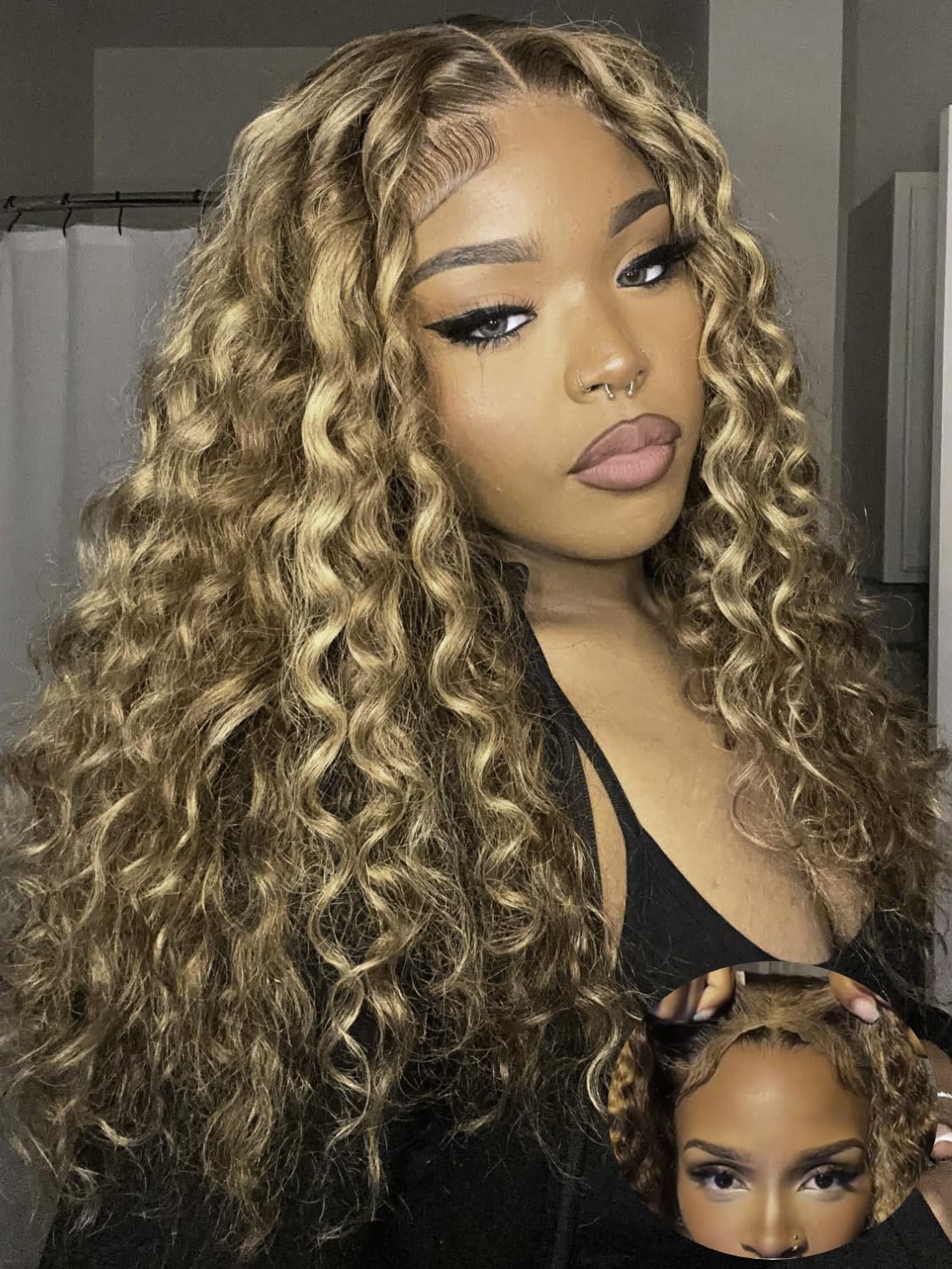 Klaiyi 24&quot; Highlight Honey Blonde Water Wave Glueless Lace Front Wig - Human Hair, Pre Plucked