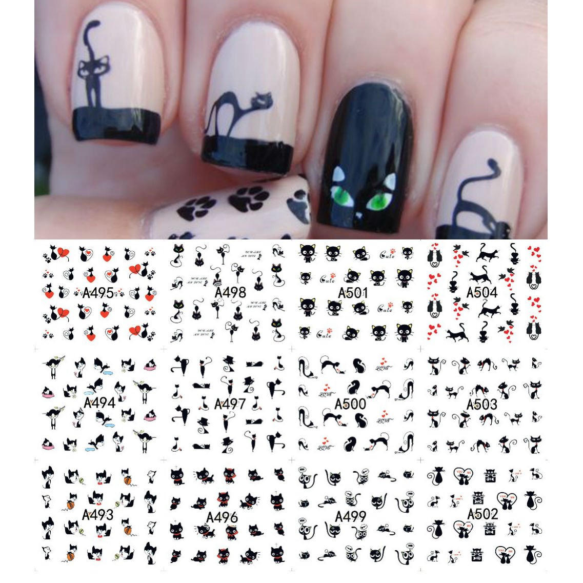 Akoak Cute Cat Pattern Nail Art Stickers - 12 Sheets Water Transfer Decals For Beauty Nails