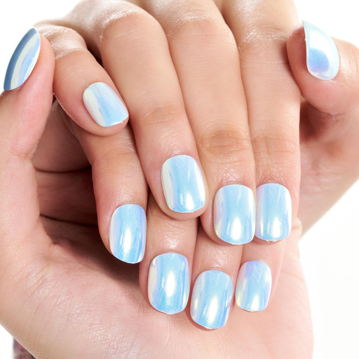 GLAMERMAID Sky Blue Chrome Press on Nails, 24Pcs Extra Short Squoval Reusable Acrylic Manicure