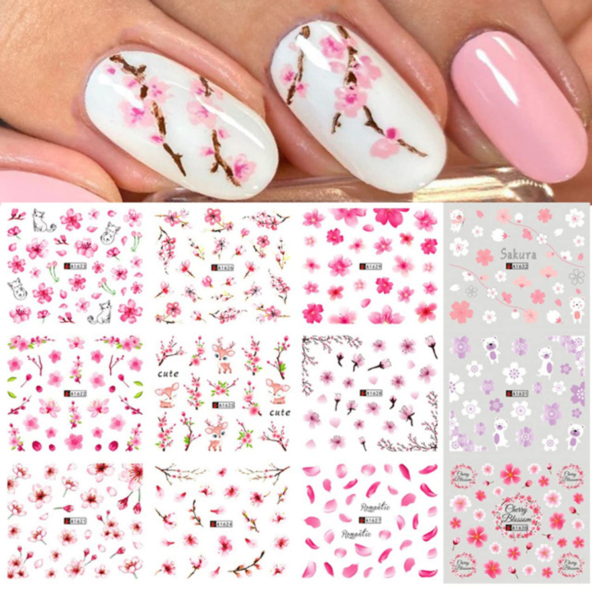 Tbrztr Cherry Blossoms Holographic Nail Art Stickers - Pink Floral Water Transfer Decals