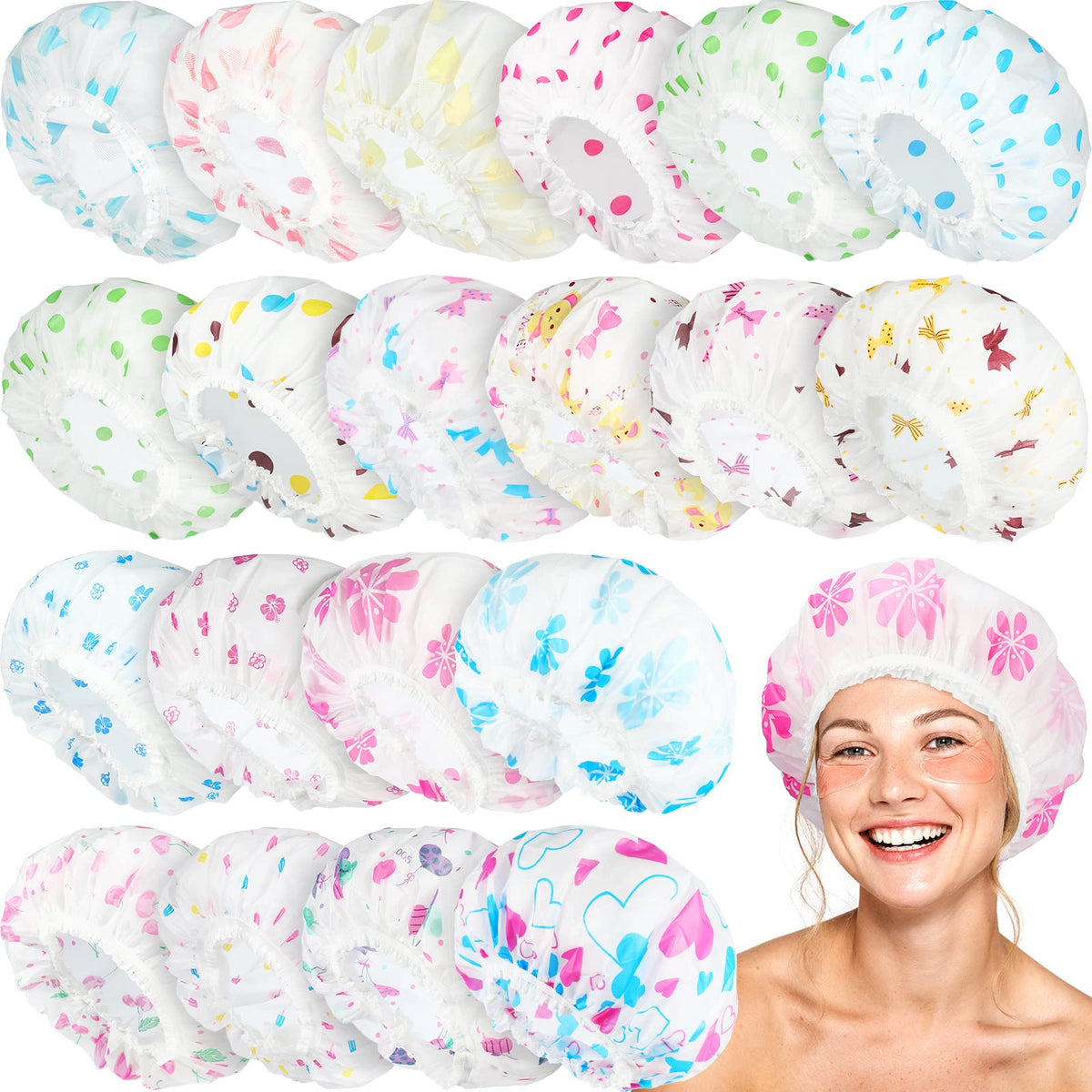 Sureio Waterproof Shower Caps For Women - 20 Pcs Assorted Reusable Plastic Bathing Hats