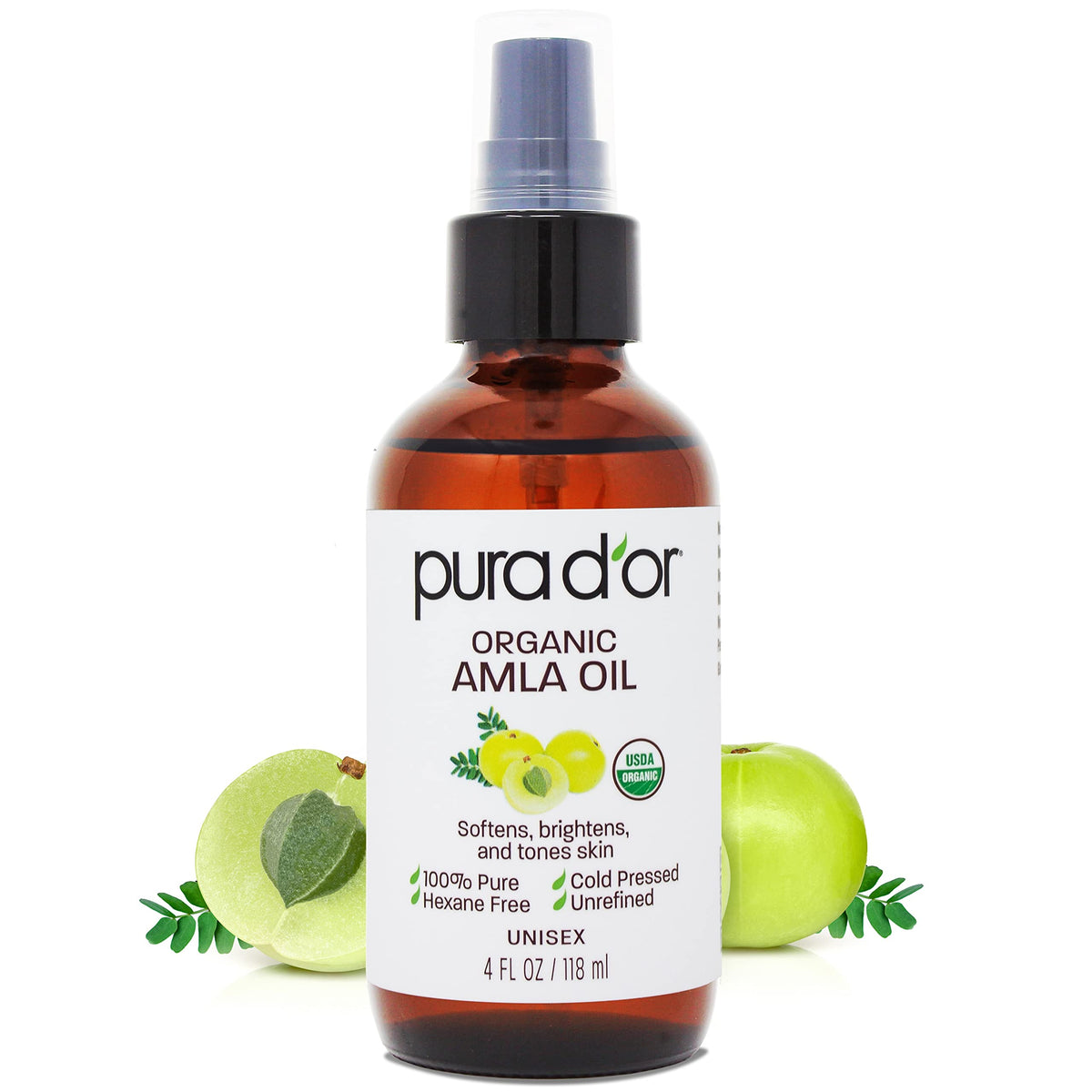 Pura D'Or Organic Amla Oil 4 Oz - 100% Pure Cold Pressed Hair Serum For Women & Men