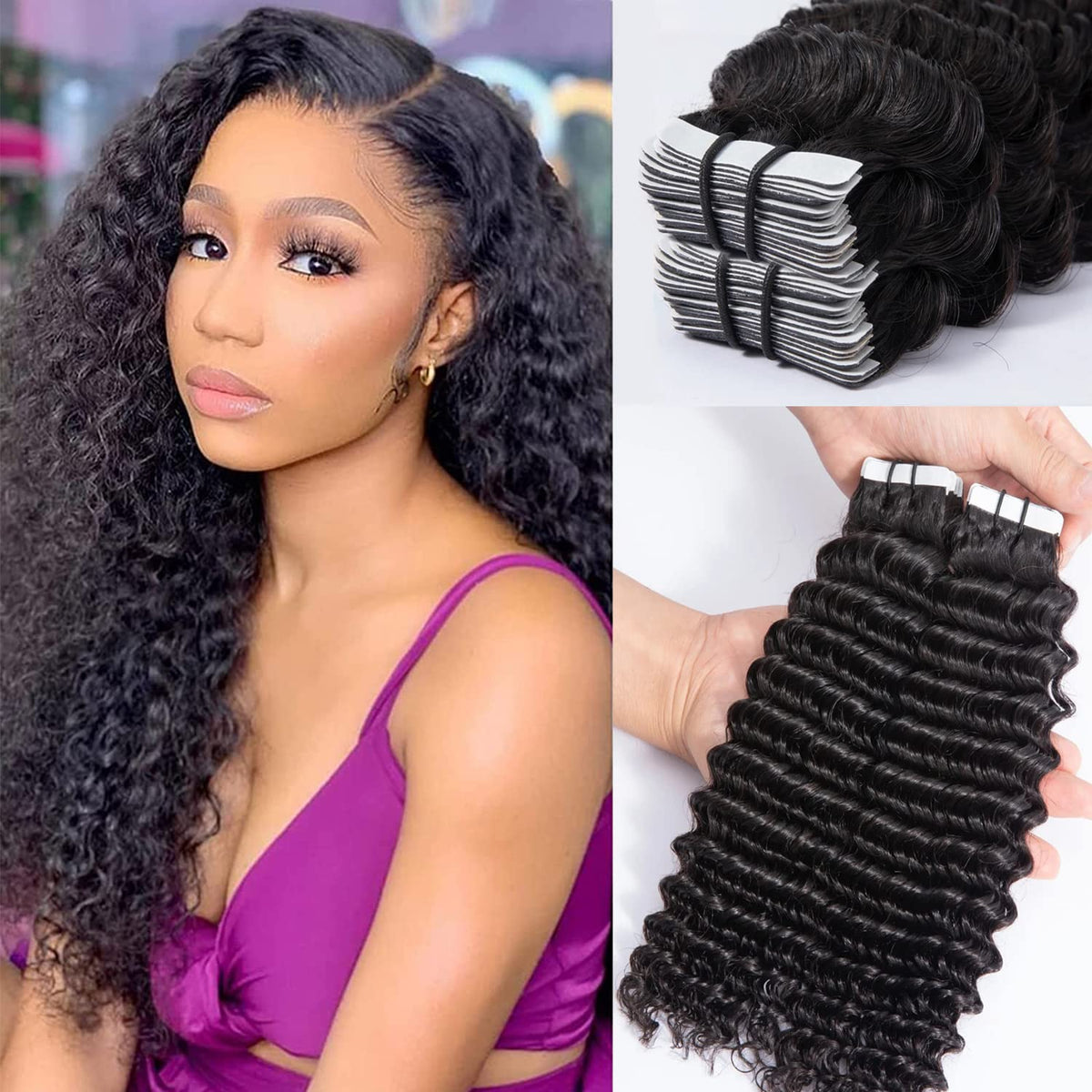 Smartinnov 22&quot; Deep Curly Tape In Hair Extensions, 100G, Invisible Seamless For Black Women