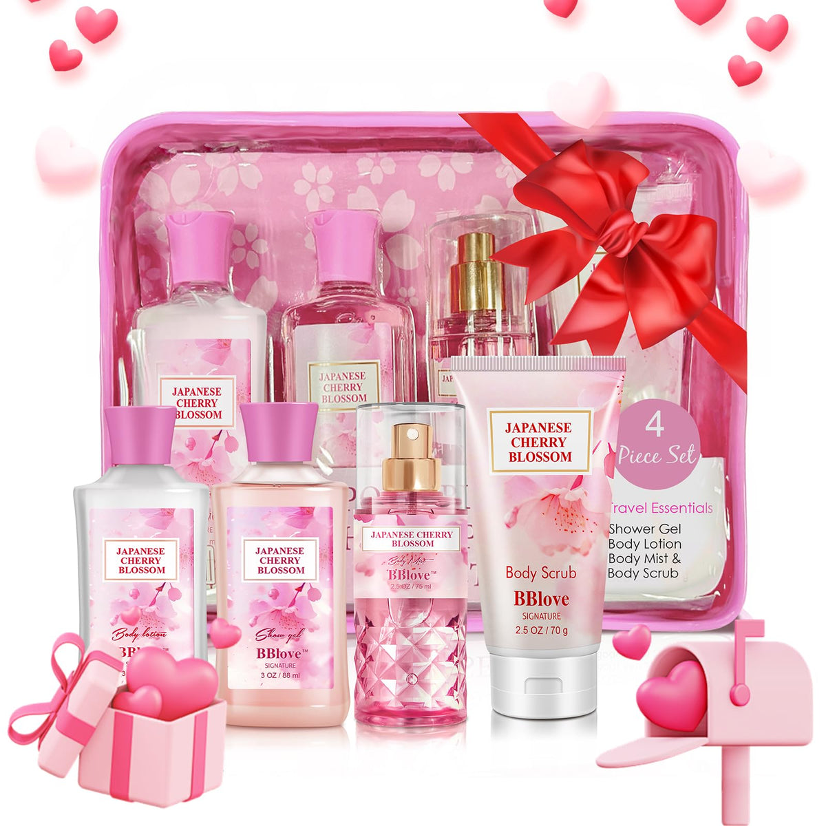 Beautifier Life Japanese Cherry Blossom Bath & Body Gift Set For Women, 4Pcs Spa Essentials