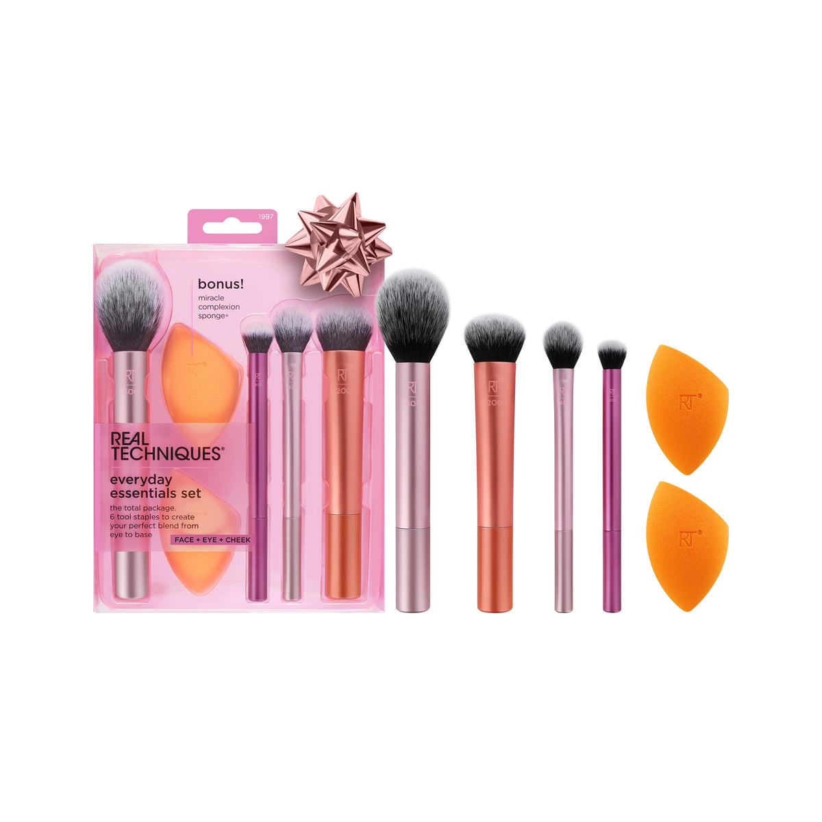 Real Techniques 6 Piece Makeup Brush Set - Foundation, Blush, Contour, Eyeshadow, Vegan Sponges