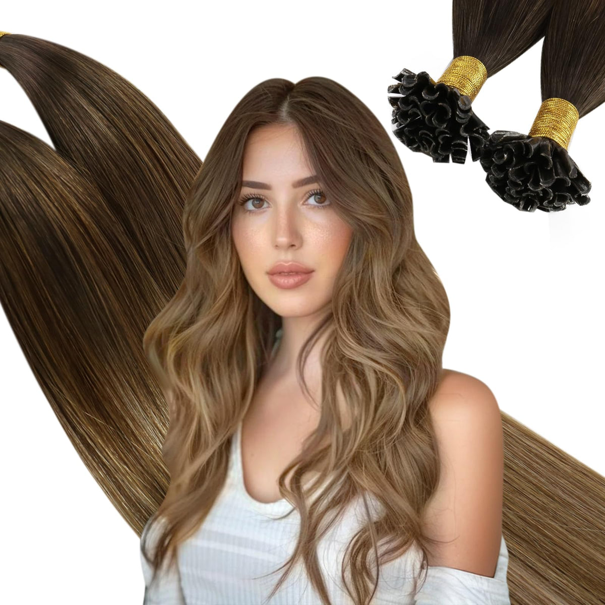 Ugeat 18&quot; Balayage U Tip Hair Extensions, Dark Brown to Blonde, Real Human Hair, Remy Fusion