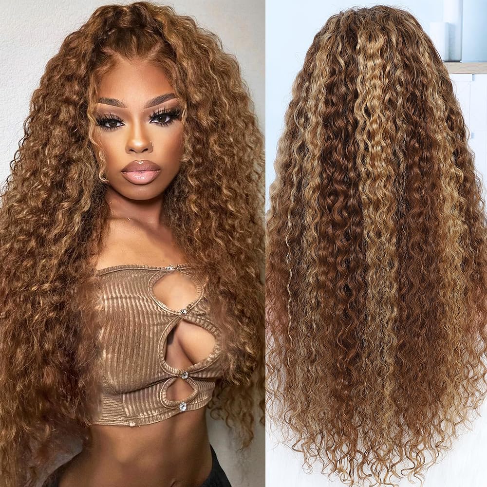 Azibo 26&quot; Honey Blonde Hd Lace Front Wig, 200 Density Water Wave, Ombre 4/27 Human Hair