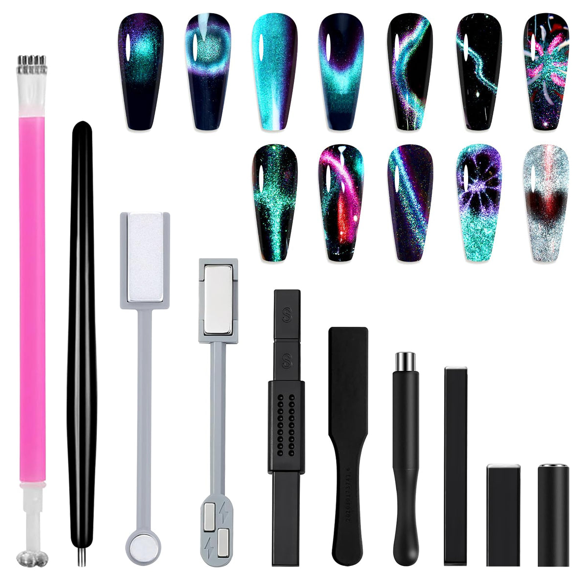 Allstarry 10Pcs Nail Magnet Tool Set - Double-Head Cat Eye Flower Design For Magnetic Nail Art