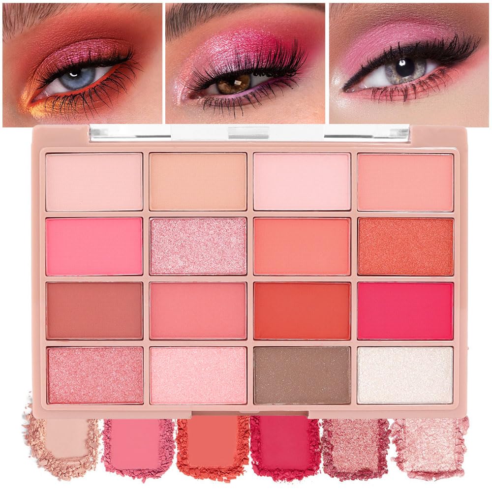 Cakaila 16 Colors Nude Pink Eyeshadow Palette, High Pigmented Matte & Shimmer, Waterproof