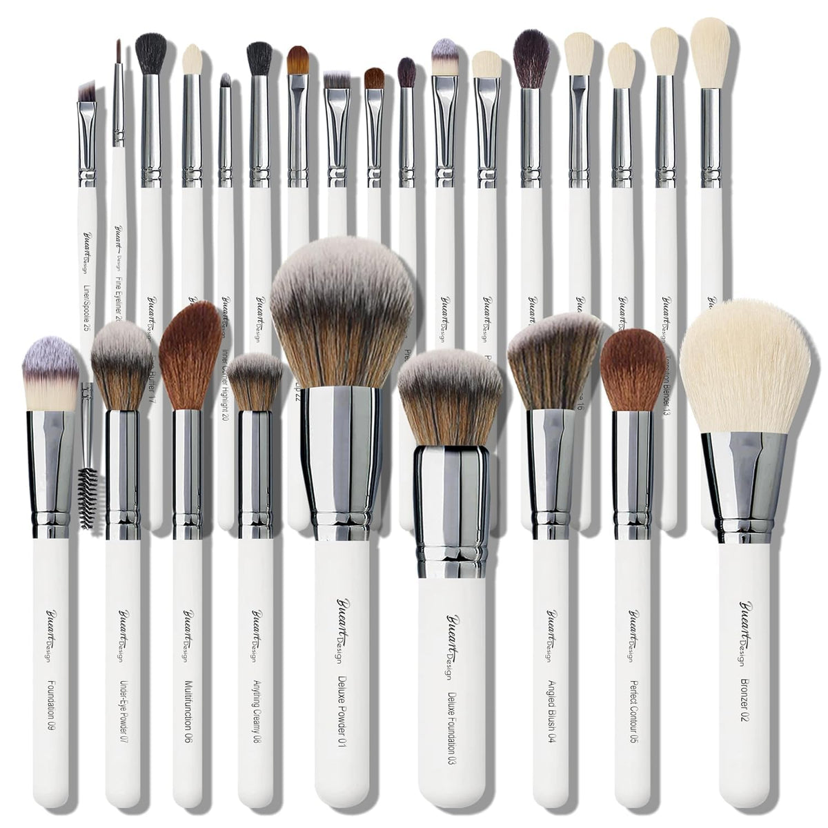 Bueart Design 26Pcs Professional Makeup Brushes Set - Natural Goat Hair, Labeled White Makeup Tools